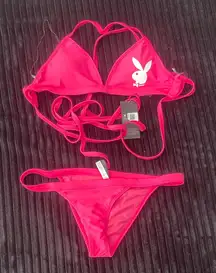 B16 New Women's PLAYBOY Hot Pink 2pc String Bikini Swimwear Set Medium/Small