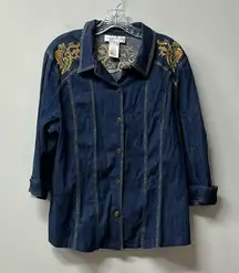 Susan GraverButton Up  Denim Shirt Collar Blue Gold Embroidered Sequined shimmer