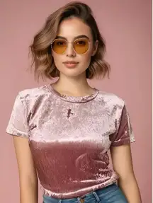 Free People Women's Size Small Pink‎ Velvet Short Sleeve Baby Tee Top Casual