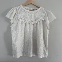 LOFT OffWhite Cream Floral Lace Ruffle Blouse Casual Formal Neutral XXL