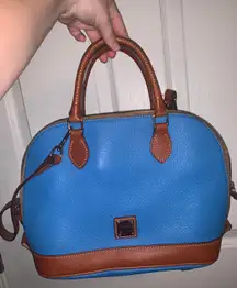 Pebble Grain Leather Zip Zip Satchel Blue And Brown With Red Interior