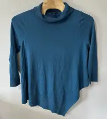 Eileen Fisher XL Blue 100% Merino‎ Wool Tunic Sweater Cowl Neck Asymmetrical Hem