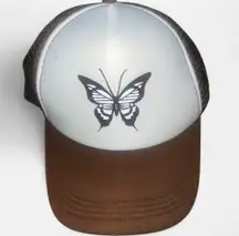 White and brown mesh trucker hat with butterfly design 