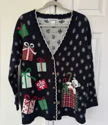Cotton Emporium Christmas Sweater Cardigan Festive Black and Red Size Large