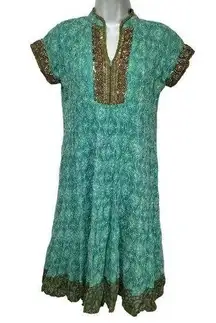 indian handmade boho green beaded embroidered midi kurti dress