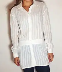 Vince  Sz Large White Stripe Cotton Tunic Top Button Down Cinched Waist Lagenlook