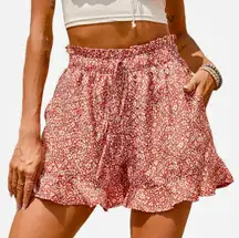 Cute red orange high waisted floral print ruffle shorts -M  BTFBM Women's Summer Shorts Floral Elastic High Waisted Belted Casual Beach Ruffle Short Lounge Pants with Pockets   Size medium, gently used and in good condition. Color is a pretty red orange with white flowers.