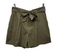 Sezane Linen Blend Women Shorts Sz 38 Belted High Waist Green Coastal Minimalist