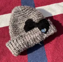 Betsey Johnson knit knitted black velvet bow beanie hat with a silver heart