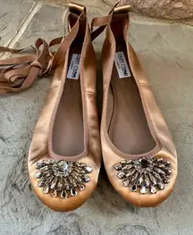 Authentic Jimmy Choo Beige & Crystal Grace Ballet Flat Lace Around Ankle