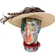 Vintage Jack McConnell Feather Hat, Cream Felt Wide Brim, Real Feathers, Rare