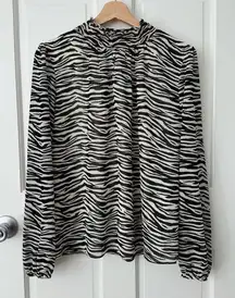 J. Crew Zebra Print Long Sleeve Mock Neck Blouse Ivory Black Lined Size M
