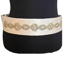 White silk/satin handmade rhinestone bridal belt or sash