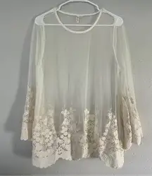 Ultra Pink OffWhite Cream Sheer Flowy Boho Bohemian Lace Blouse Summer Large