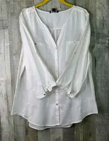 Go Silk Linen 1X Button Front VNeck 3/4 Length Sleeves White Oversized Tunic Top