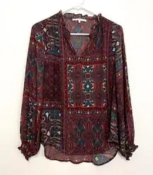 VIOLET CLAIRE Red Blue Green Cream Paisley Geo Patchwork Long Sleeve Boho Blouse