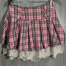 Hot Topic  Pink Plaid Strawberry Lace Trim Pleateds Mini Skirt Size S