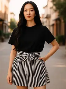 Love Culture Striped Mini Skirt Bow Tie‎ High Waist Party Black White