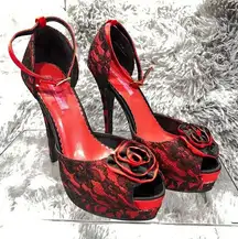 Red and Black Lace Rose Satin Platform High Heel Shoes size 8‎