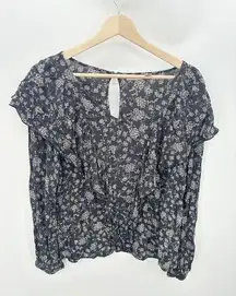 Hinge Gray Cream Floral Ruffle Long Sleeve Blouse Peasant Top Women Medium