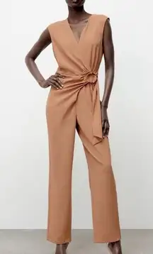 Zara NWT beige tan wrap O ring tie open back cutout jumpsuit
