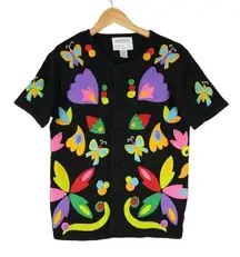 Vtg Sideffects Button Up Blouse Funky Loud Butterfly's Flowers 80s Ramie Blend