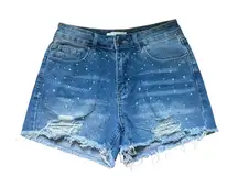 Denim High Rise Shorts Sz 5 Cotton Blend Studded Ripped Frayed Hem Bohemian