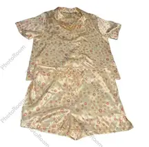 Delicates Satin Yellow & Pink Floral Print Short Sleeve Pajama Set Size Large