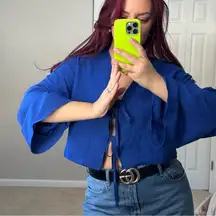 Indigo blue women blouse T-shirt flared sleeves size L