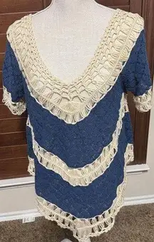 Umgee USA Crochet sweater Navy blue & cream boho hippie sz M