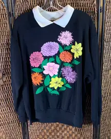 Vintage Floral Puff Paint Sweatshirt with Faux Collar Size L