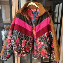 Farm Rio Toucanfly Reversible Quilted Floral Jacket zipup Sherpa colorful puffer