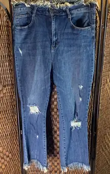 Risen Raw Edge Waistband & Hems Stretchy Distressed Jeans Size 13/31