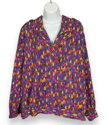 Vintage Blouse Funky‎ Colorful Bold Double Breasted 80s Epaulets Plus Size Retro