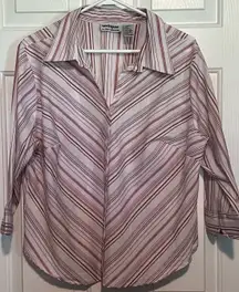Unique Spectrum Women's Orange Tan Brown Stripes Button Front Blouse Size 1X‎