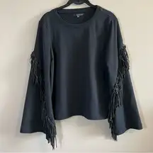 ✨ Moelleux Women’s Black Long Sleeve Top with Studded Arm Fringe Small
