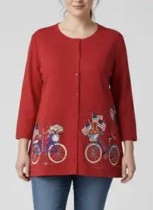 Quacker Factory Red American Flag Rhinestone Bicycle 3/4 Sleeve Snaps Top XL