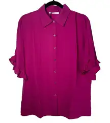 Revolve Three Eighty Two Short Sleeve Button Fuchsia Flutter Sleeve Blouse Med.