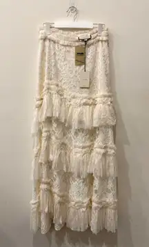 NWT Alexis Zella Sheer Ruffle Trim Tiered Lace Gown Skirt Ivory Women's Large