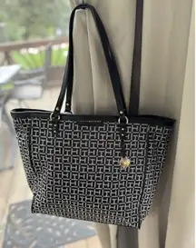 Tommy Hilfiger Black White Signature TH Logo Large Tote Shoulder Bag Monogram