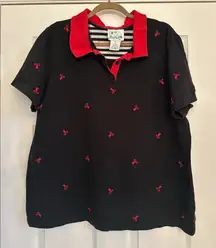 Quacker Factory Womens Polo 1X Plus Lobster Black Red Button Up Top Short Sleeve