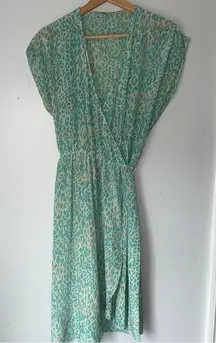 Tucker Silk Cheetah Print Green Turquoise Wrap Belted Shirt Dress