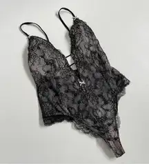 Victorias Secret Body Suit Nighty Thong Lace Plunge Neck Corset Lace Up Black