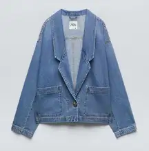 ZARA Blue Long Sleeve Lapel Collar Button Front Classic Denim Blazer Jacket XS