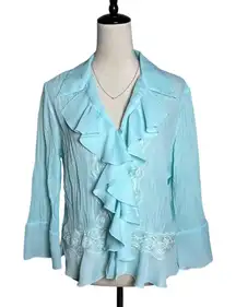 Dressbarn Aqua Chiffon Ruffle Lace Sheer Blouse M | Crinkle Y2K Top Office Chic