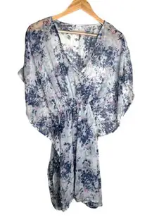 Sheer Floral Cover Up One Size White Blue Purple Knee Length V Neck Lightweight