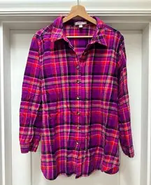 Woman within perfect long sleeve button down purple and pink plaid top. 1X 22/24