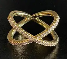 Austrian Crystal Criss Cross X Gold Ring Size 7