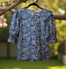 LOFT Petites Blue Floral Ruffle‎ Sleeve Pintuck Blouse Womens Workwear Trendy #