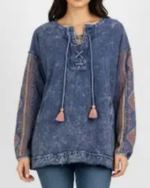 APNY Acid Wash Blue Embroidered Sleeve Lace Neck Boho Sweatshirt Size S